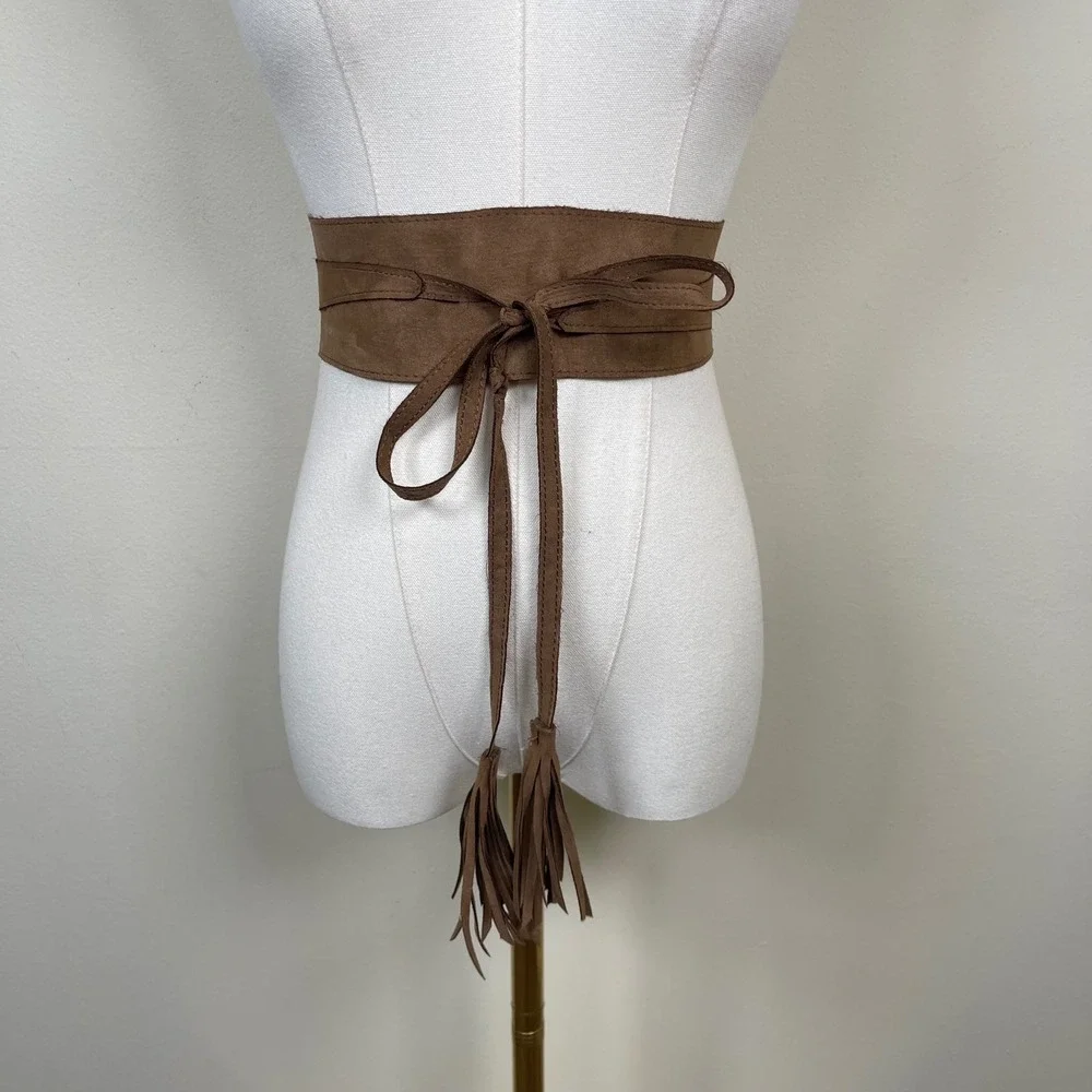 Vintage Faux Suede Tassel Wrap Obi Belt Women Brown Fringe Cinch Waist Boho